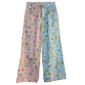 Rare Farm Rio Two Tone Leg Jeans Toucan pink and blue pants size XS Wide Leg